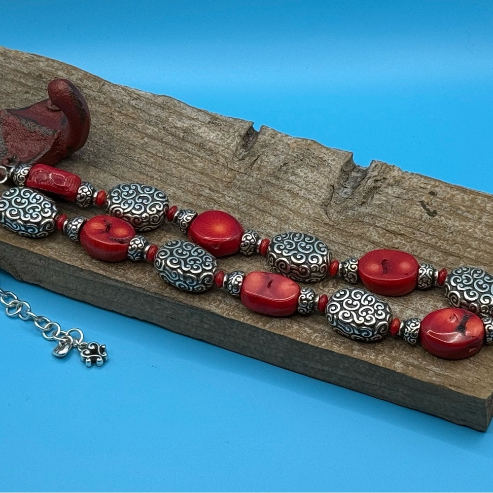 BRIGHTON Silver tone Full Moon Rising Red  CORAL 16-19.5" Necklace